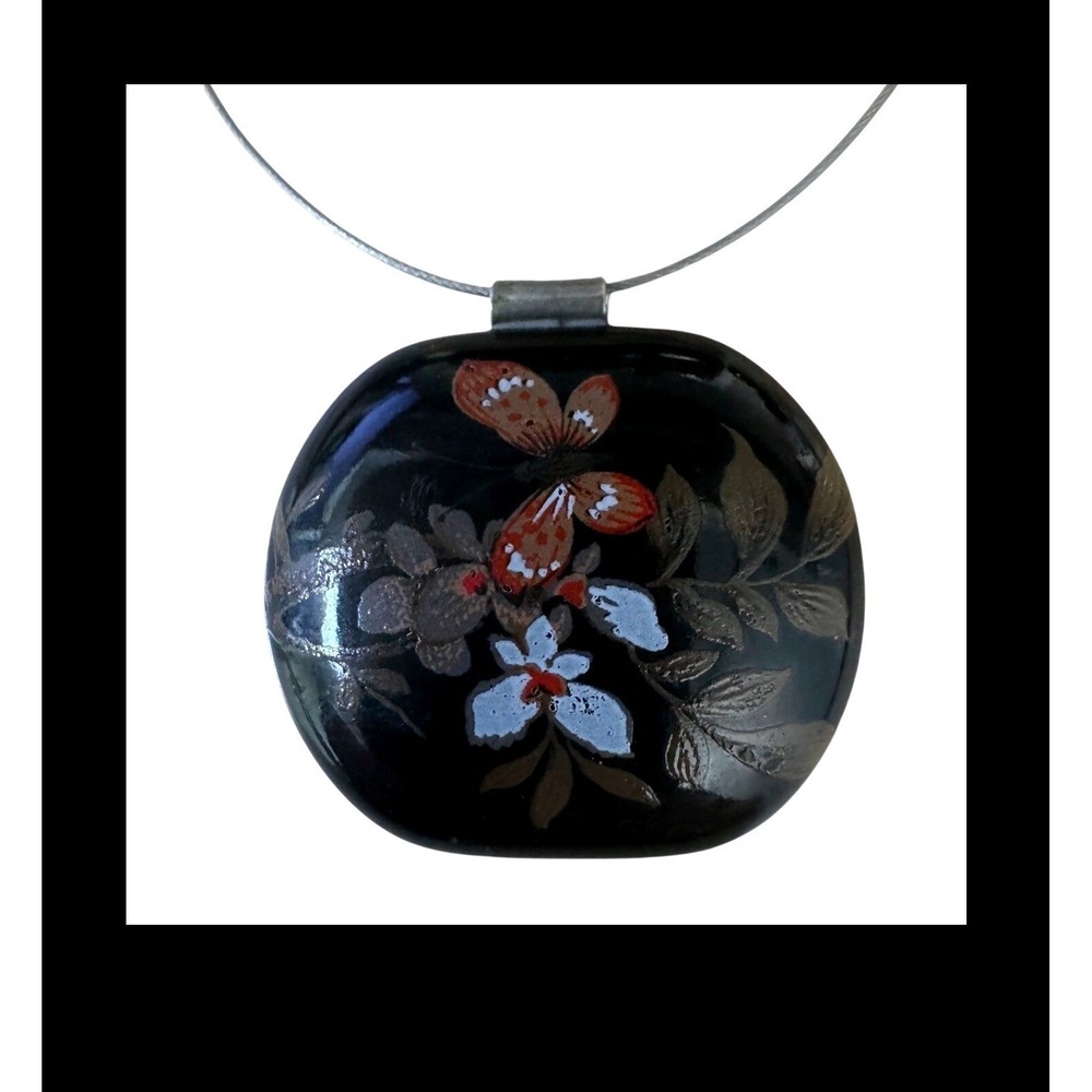 Hand Painted Enamel Butterfly Floral Pendant Stainless Steel Wire Necklace Black